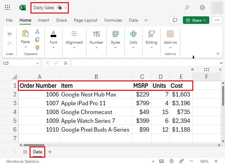 Daily Sales workbook