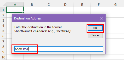 Destination dialog for new workbook
