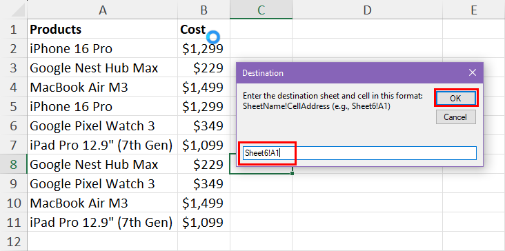 Destination dialog