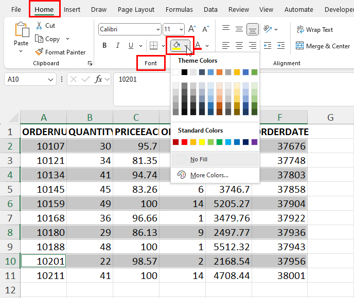 Fill Color context menu