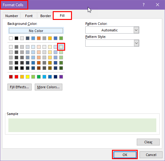 Fill tab Format Cells