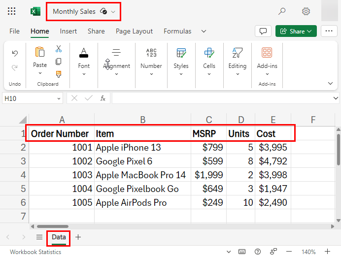 Monthly Sales worksheet