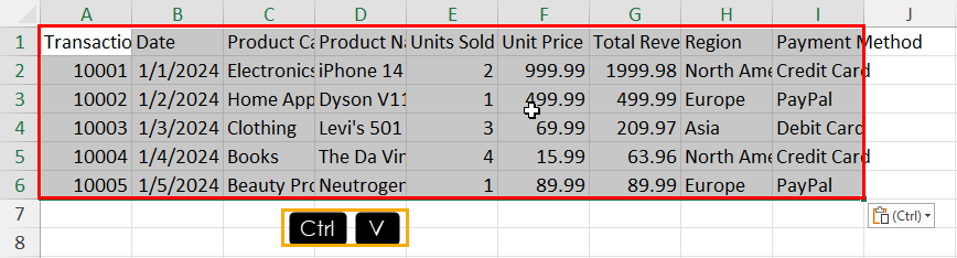 Paste copied data