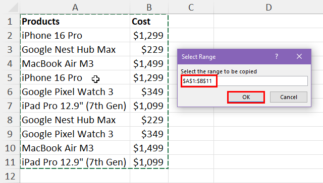 Select range dialog