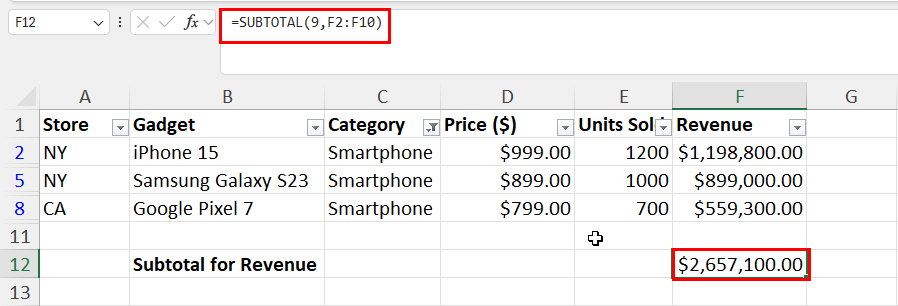 Add subtotals in Excel using a function