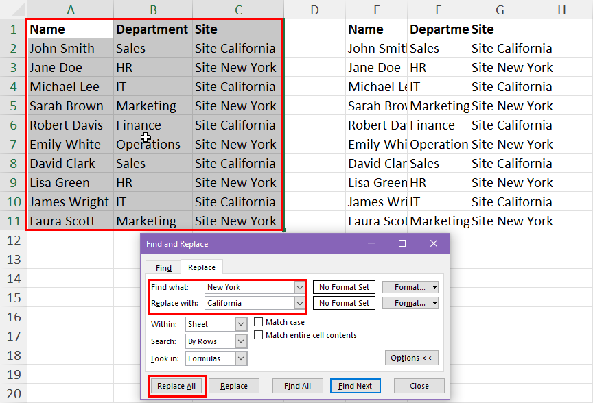 Apply Find and Replace in selected dataset