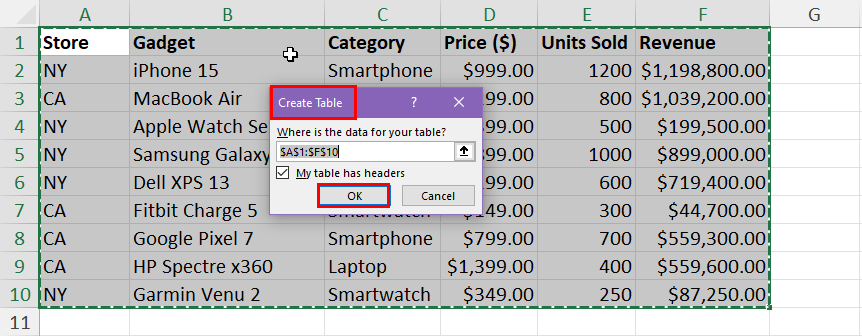 Create table