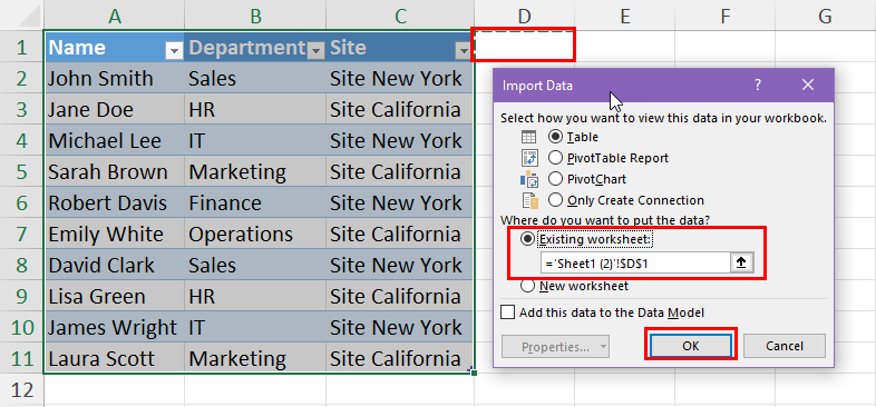 Existing worksheet