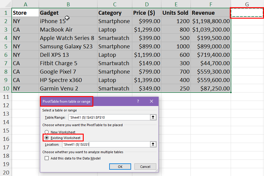 Existing worksheet