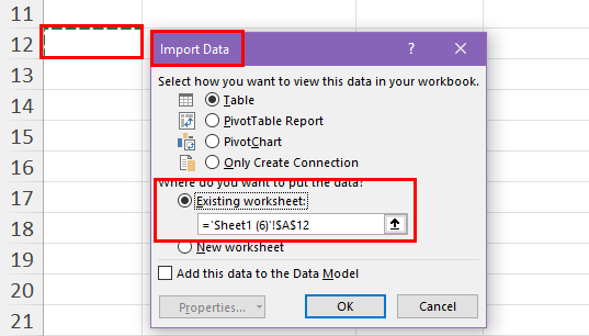 Import data dialog