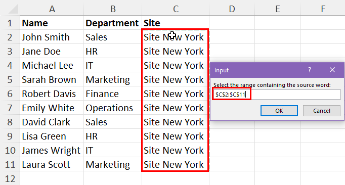 Insert source data cell range