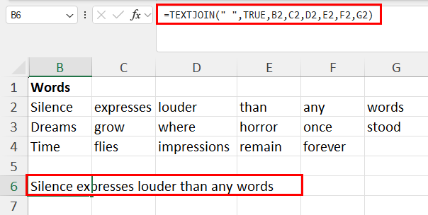 Joined words into a text