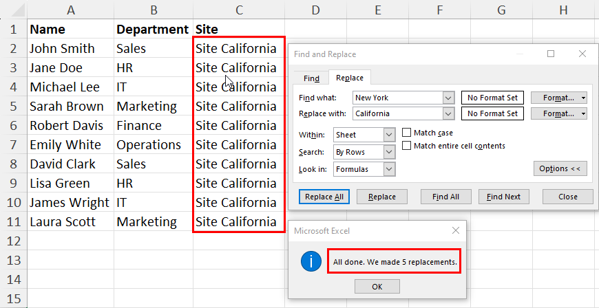 Replaced words in Excel using Find and Replace