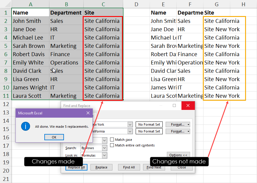 Replaced words only in selected dataset