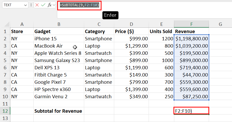 SUBTOTAL function syntax