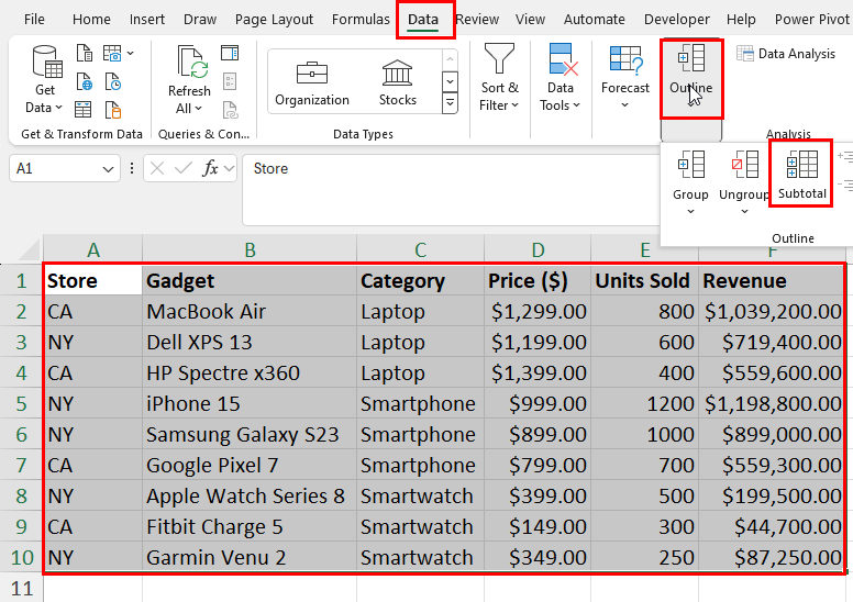 Select Subtotal