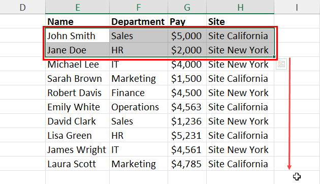 Selecting and dragging multiple horizontal cells