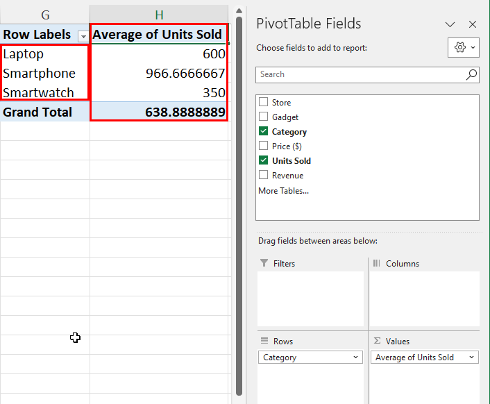 Subtotal in Excel using AVERAGE