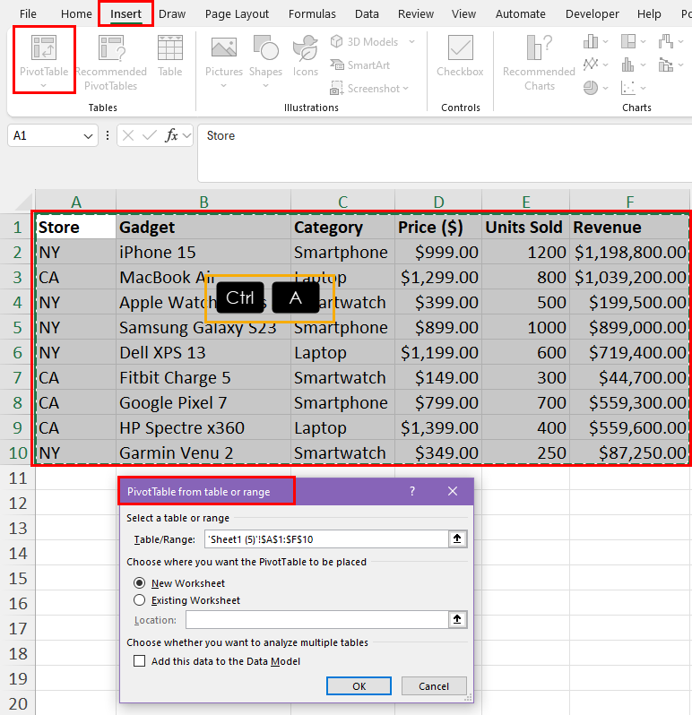 Use PivotTable command