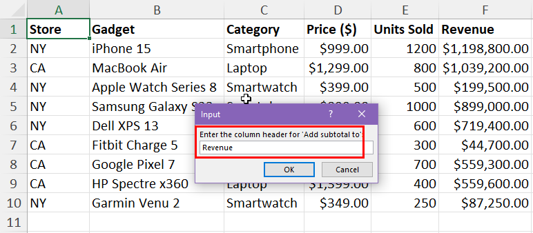 VBA Add subtotal to