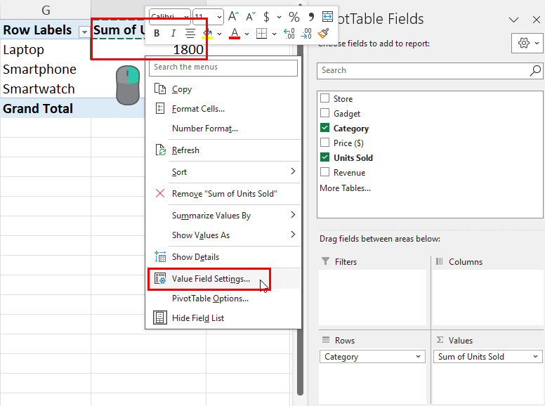 Value Fields Settings