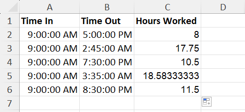 Calculated hours worked in decimal using IF