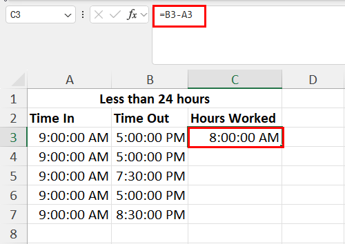 Calculated hours worked with basic formula