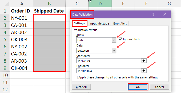 Configure data validation dialog