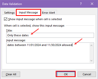 Data Validation input message