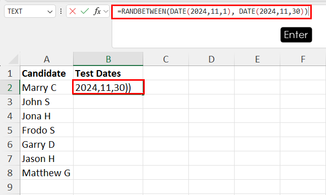 Enter RANDBETWEEN formula