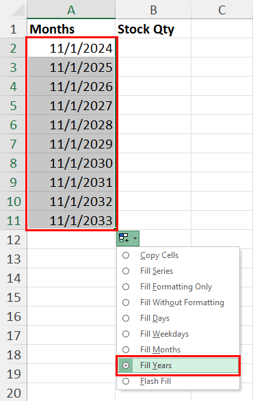 Fill Years context menu