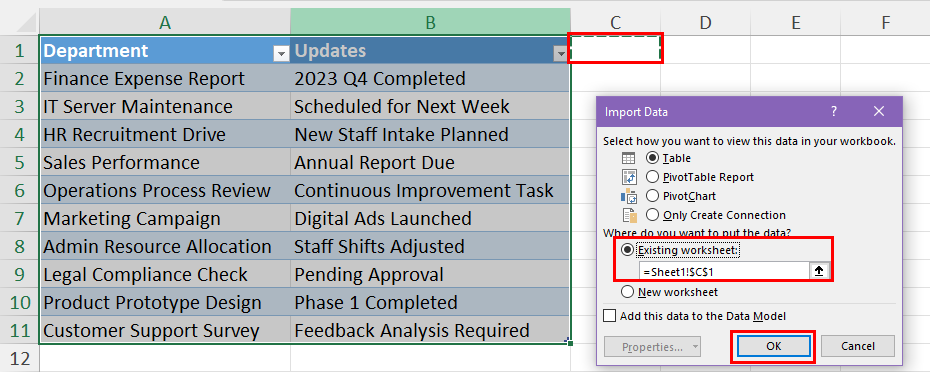 Import data dialog box