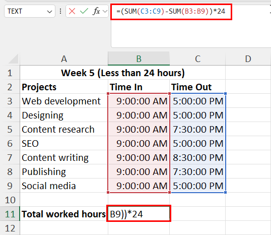 SUM function for worked hours
