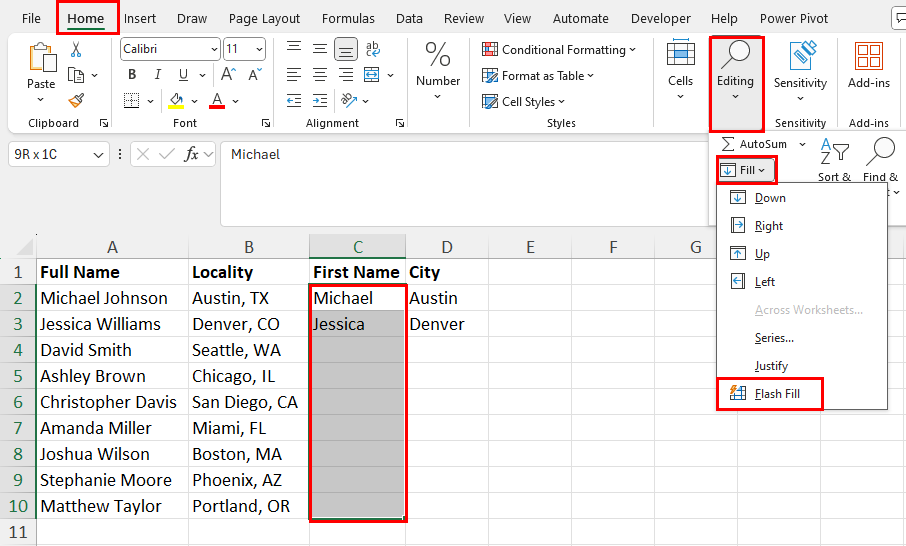 Use Flash Fill for column C