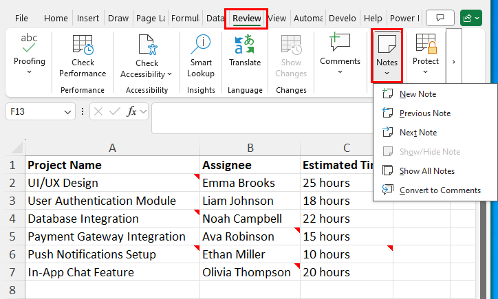 Click on Notes drop down arrow
