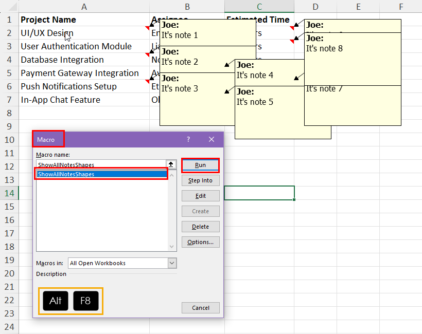 How to show all notes using VBA
