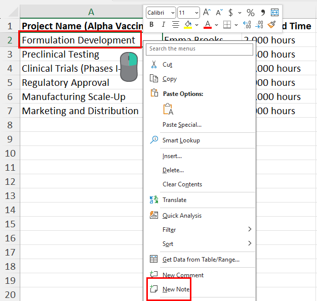 New Note command on right-click