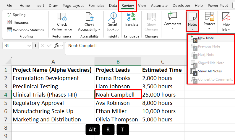 Notes command menu