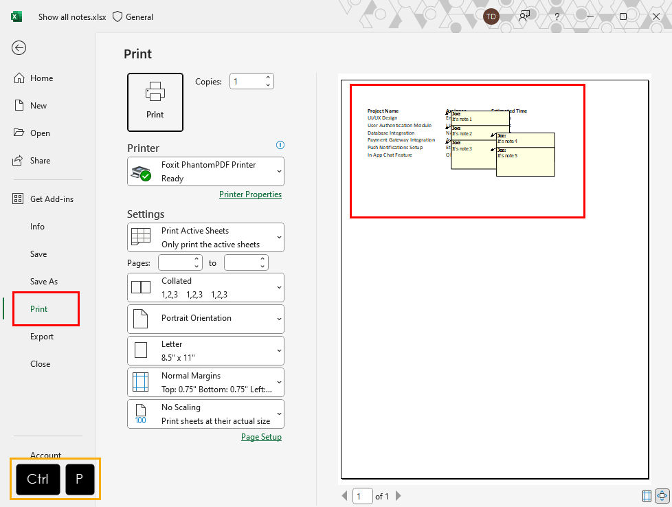 Printing notes as shown on worksheet