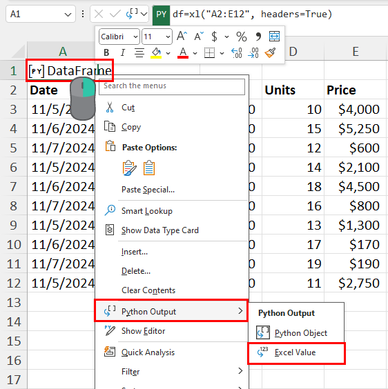 Python Output context menu