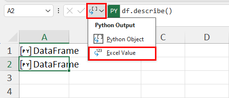 Switch to Excel Value for describe
