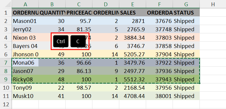 Copy selected rows