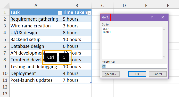 Go To dialog box