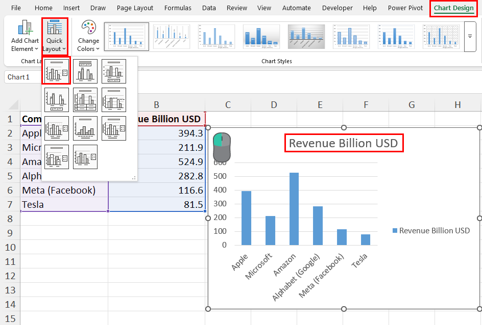 How to add chart title in Excel using Quick Layout