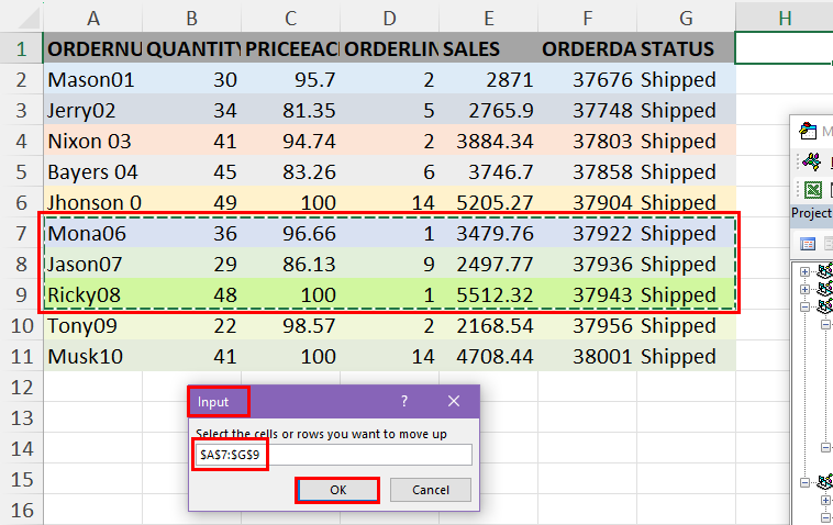 Input dialog to select source cells or rows