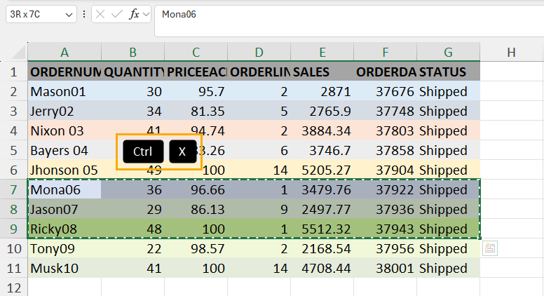Select cells and cut
