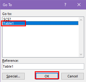 Select the table in Go To