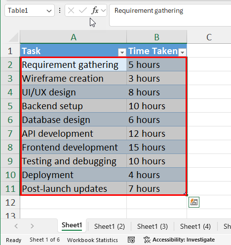 Selected the entire table from another worksheet