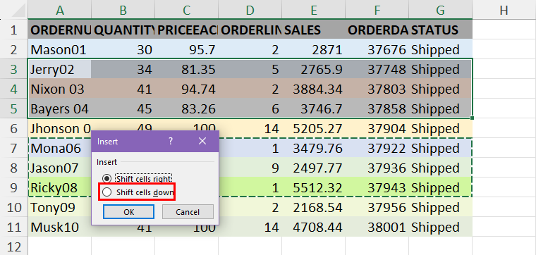 Shift cells down
