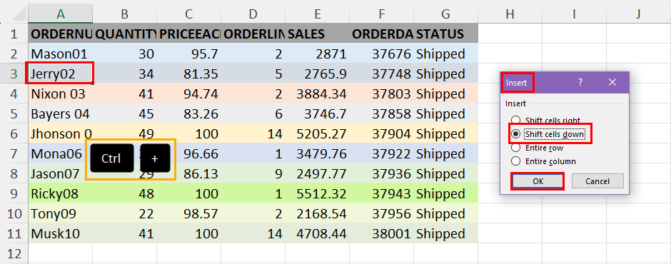 Shift cells up using Insert